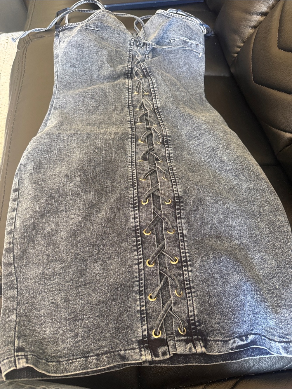Women’s Washed Black Denim Lace-Up Dress